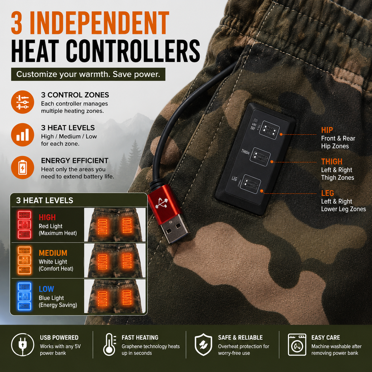 Heated Cargo Pants with 8 Graphene Zones and Independent Heat Control