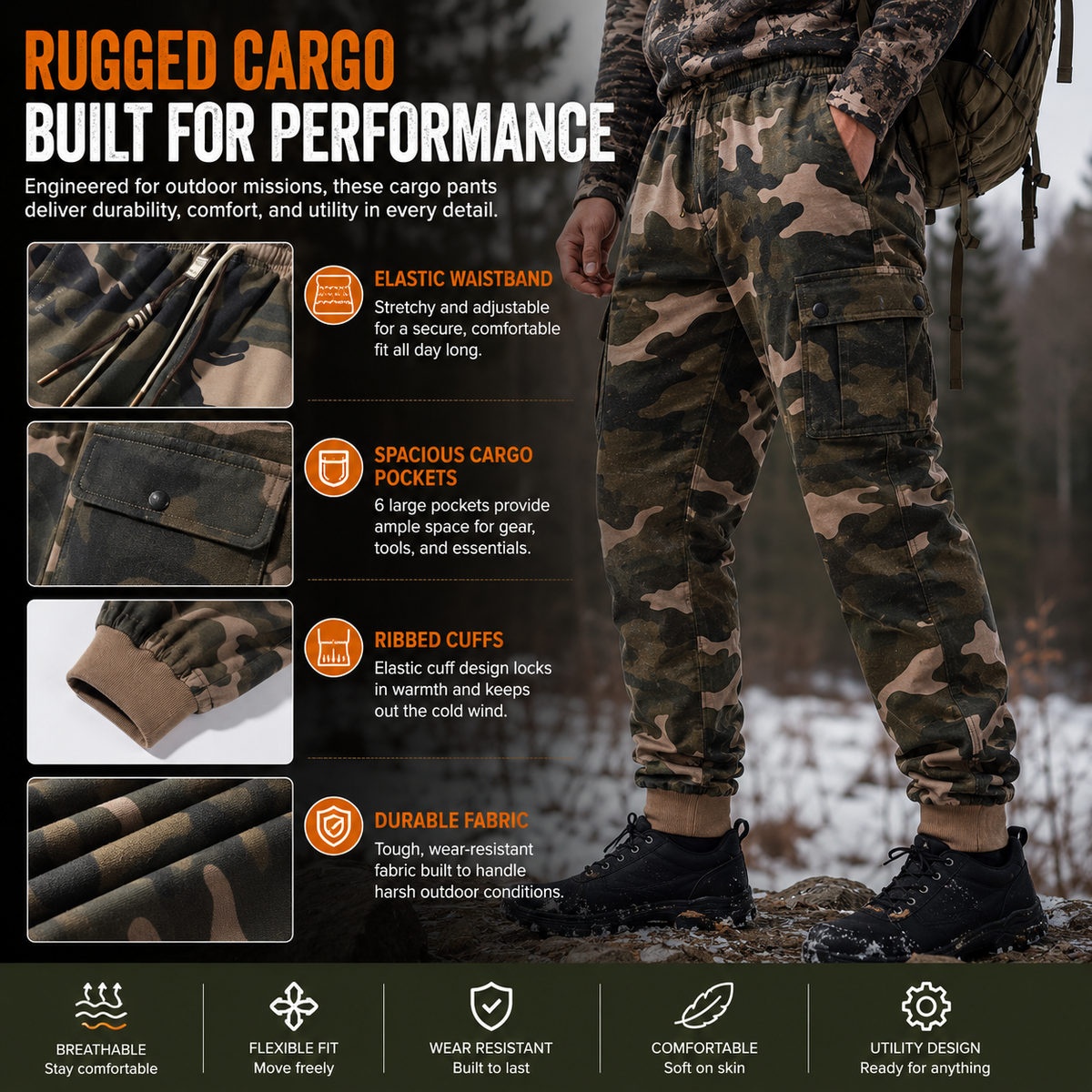 Heated Cargo Pants with 8 Graphene Zones and Independent Heat Control