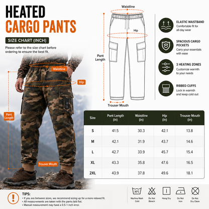 Heated Cargo Pants with 8 Graphene Zones and Independent Heat Control