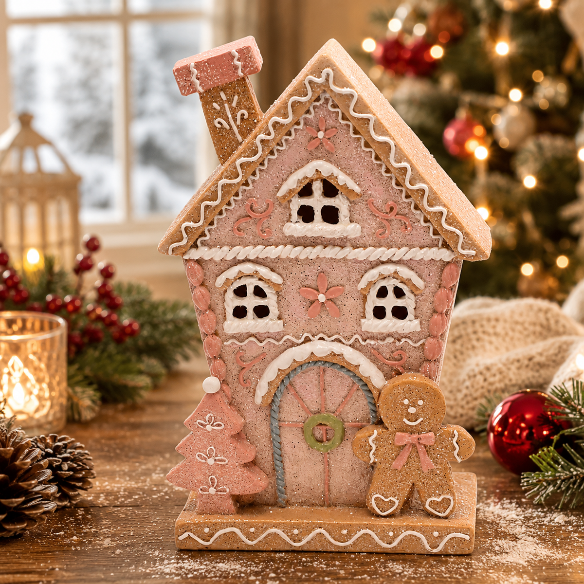 Lighted Gingerbread House with Pastel Resin and Frosting Details, 8.5in