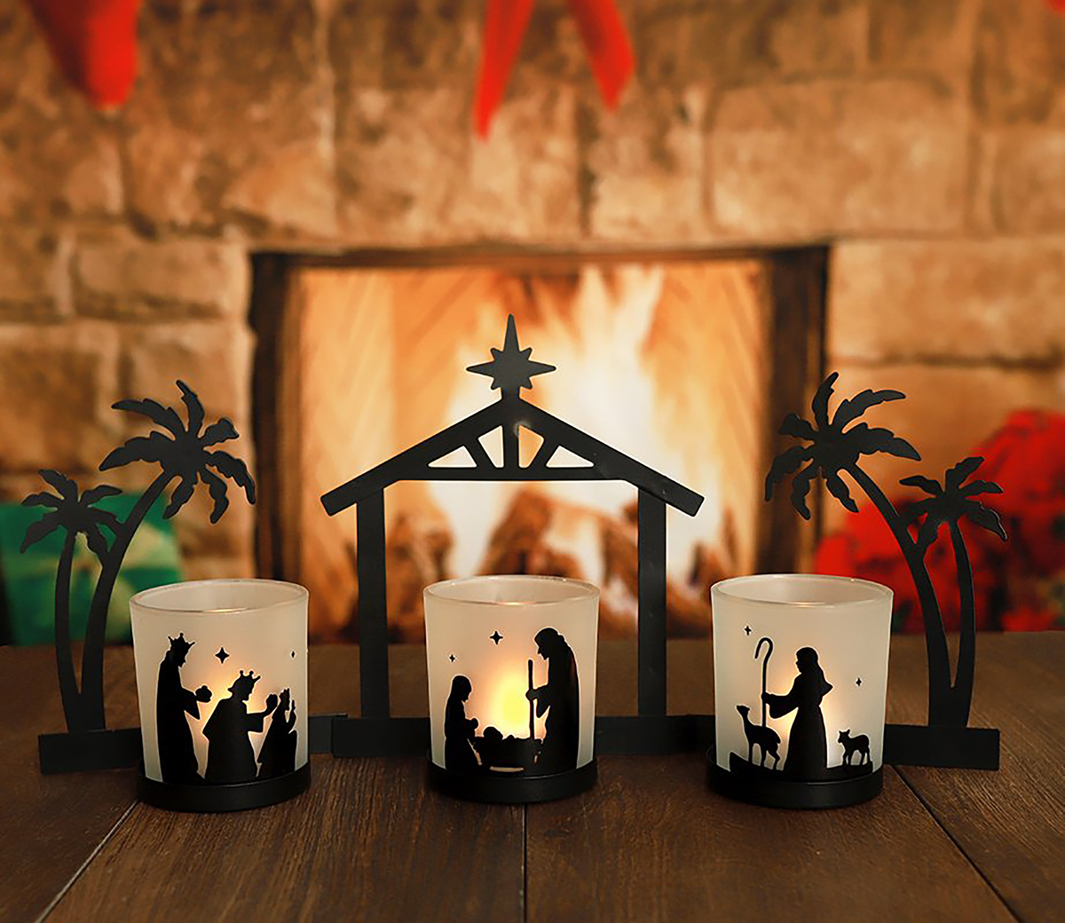 Nativity Scene Metal Backdrop with LED Tealights and Glass Cups, Three-Piece Set