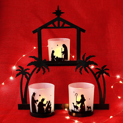 Nativity Scene Metal Backdrop with LED Tealights and Glass Cups, Three-Piece Set