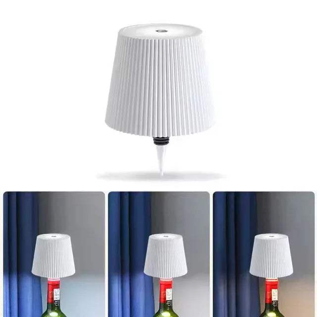White pleated LED Bottle Table Lamp  on a white background with three additional views of the lampshade on bottles.