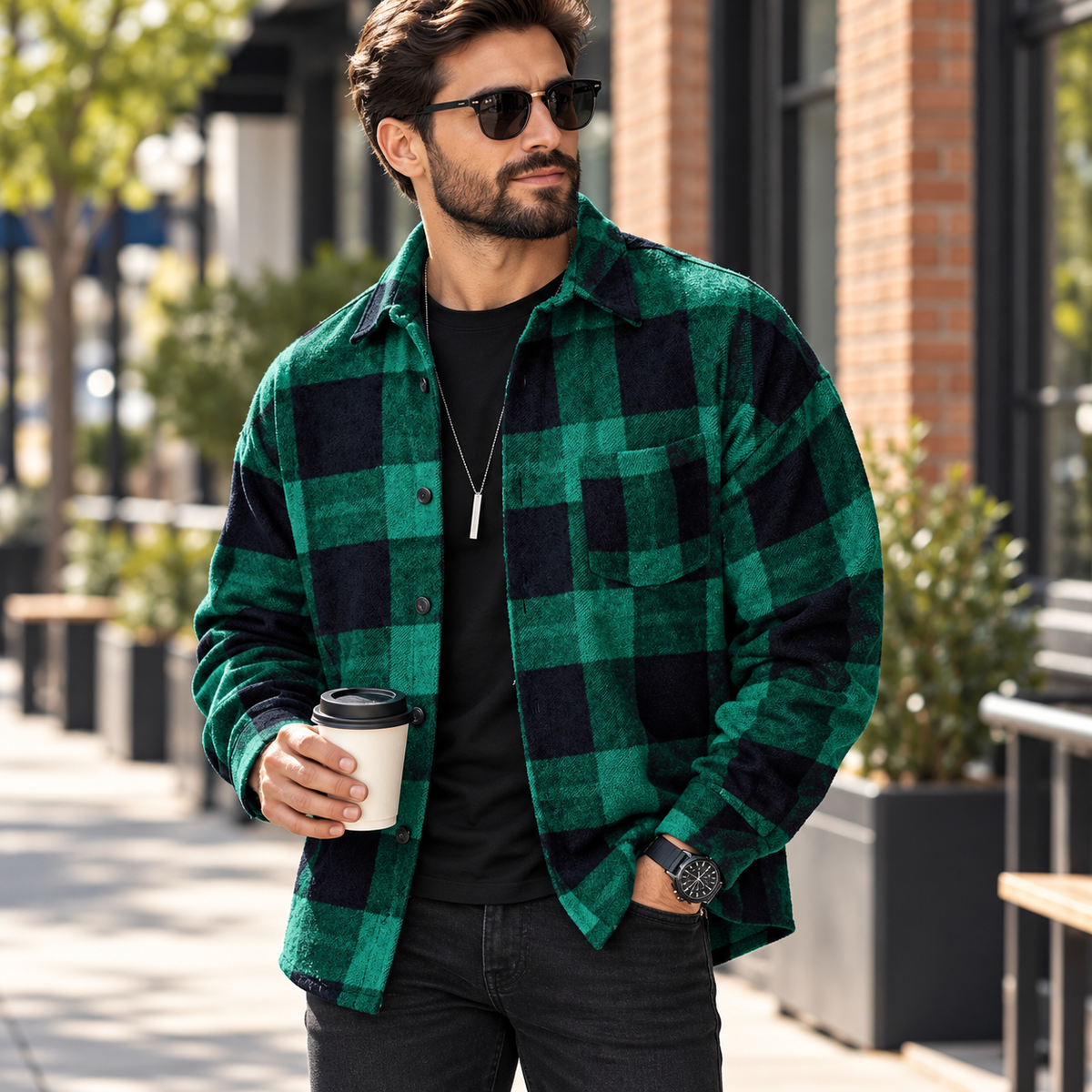 Brushed Tartan Overshirt with Button Front and Relaxed Fit