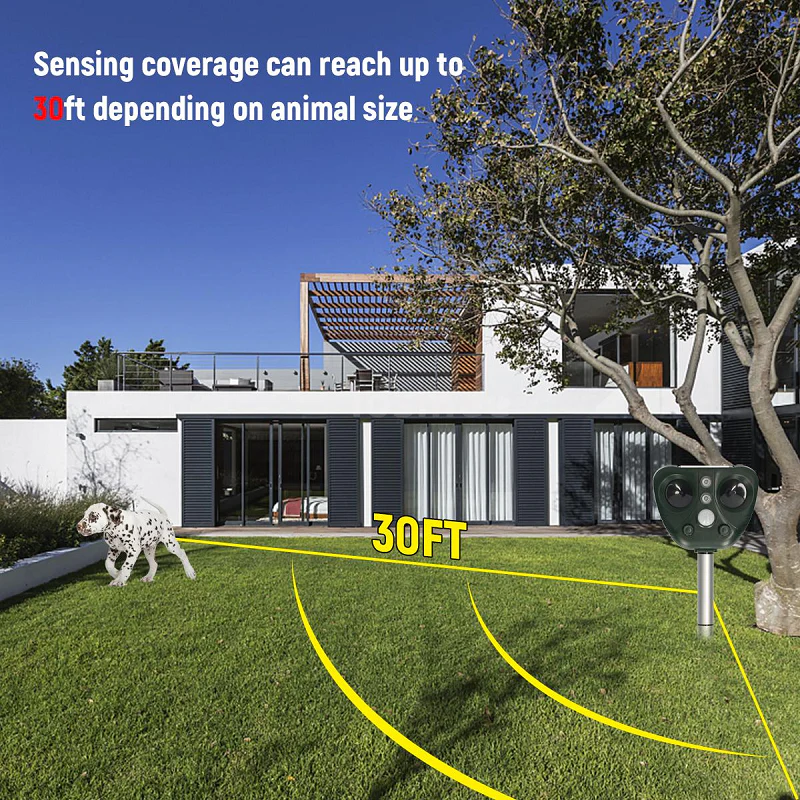 Motion Activated Bird Repeller with Ultrasonic Sound and LED Flash, 30ft Range