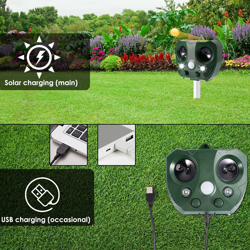 Motion Activated Bird Repeller with Ultrasonic Sound and LED Flash, 30ft Range