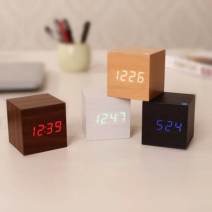 LED Wood Block Clock with Temperature Display and Alarm Function