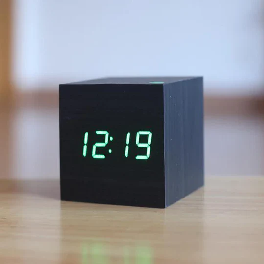 LED Wood Block Clock with Temperature Display and Alarm Function
