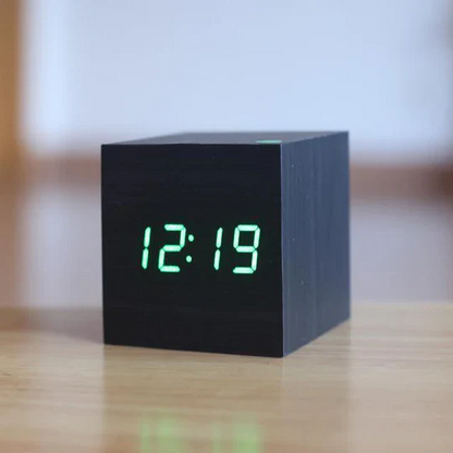 LED Wood Block Clock with Temperature Display and Alarm Function
