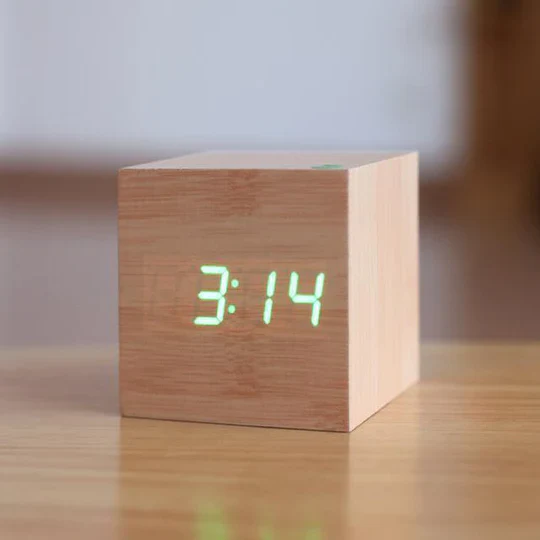 LED Wood Block Clock with Temperature Display and Alarm Function