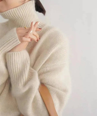 Turtleneck Sweater with Stretch Knit and Full Length Sleeves, Loose Fit