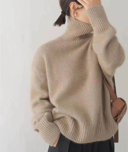 Turtleneck Sweater with Stretch Knit and Full Length Sleeves, Loose Fit