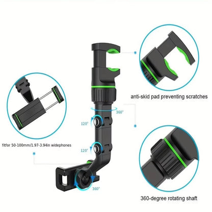Rearview Mirror Phone Mount with a 360 Degree Ball Joint, Spring Clip and Foldable Arm in Green or Gray