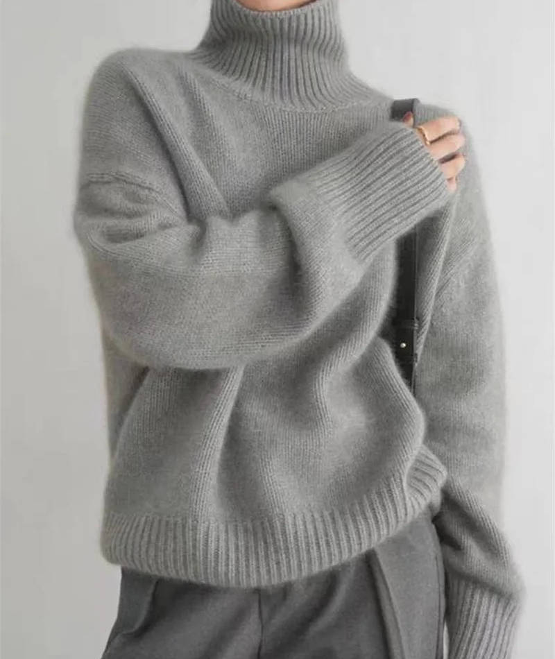 Turtleneck Sweater with Stretch Knit and Full Length Sleeves, Loose Fit