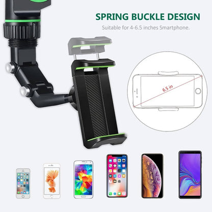 Rearview Mirror Phone Mount with a 360 Degree Ball Joint, Spring Clip and Foldable Arm in Green or Gray