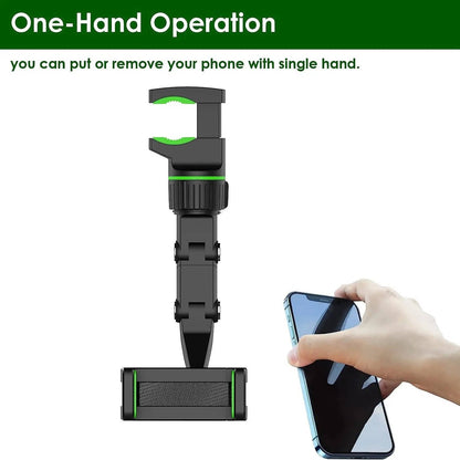 Rearview Mirror Phone Mount with a 360 Degree Ball Joint, Spring Clip and Foldable Arm in Green or Gray