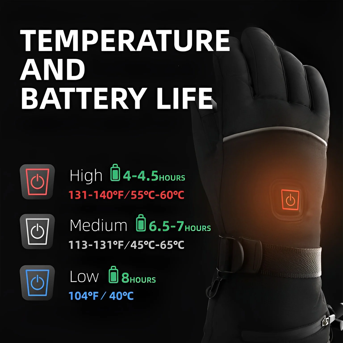 Rechargeable Heated Gloves with Touchscreen Fingertips and Carbon Fiber Heating, 8-Hour Battery