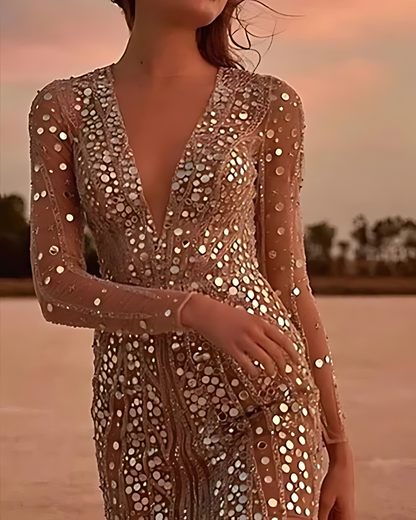 Full Sequin Evening Dress with V-Neck and Sheer Sleeves, Slim Fit
