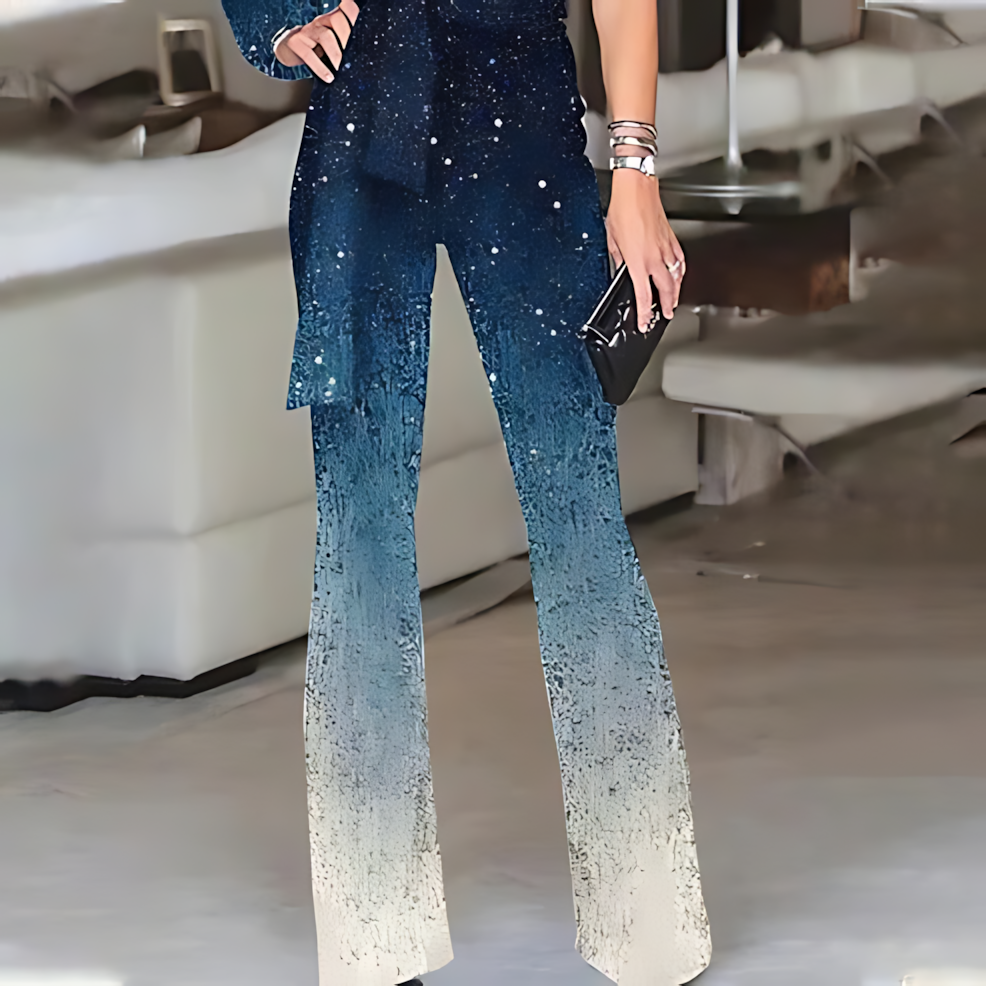 Asymmetrical Ombre Jumpsuit with Wide Flare Legs and Gradient Waist