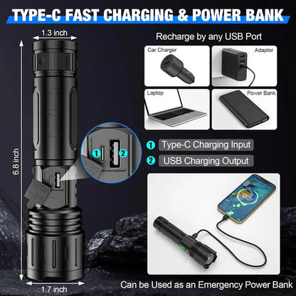 LED Flashlight with Adjustable Beam Focus and Power Bank Function, IPX5 Water Resistant