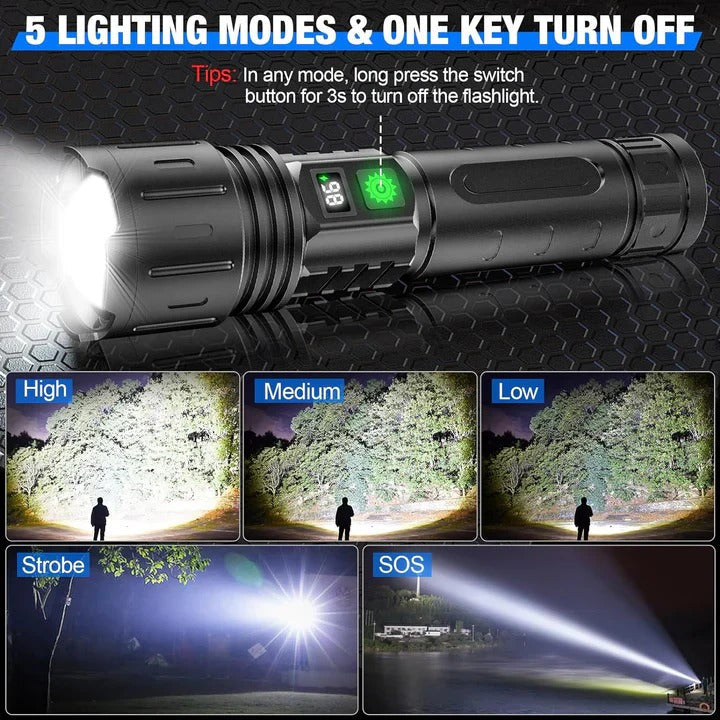 Long Range LED Flashlight with Adjustable Focus and 5 Light Modes, IPX5 Water Resistant