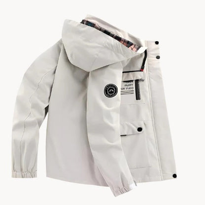 Rain and Wind Jacket with Detachable Hood and Sealed Wrist Cuffs, Zippered Pockets