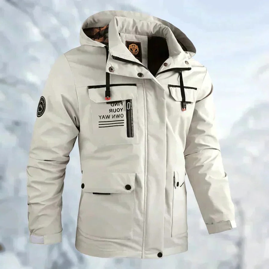 Rain and Wind Jacket with Detachable Hood and Sealed Wrist Cuffs, Zippered Pockets