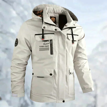 Rain and Wind Jacket with Detachable Hood and Sealed Wrist Cuffs, Zippered Pockets