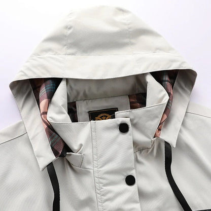 Rain and Wind Jacket with Detachable Hood and Sealed Wrist Cuffs, Zippered Pockets
