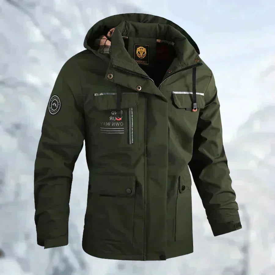 Rain and Wind Jacket with Detachable Hood and Sealed Wrist Cuffs, Zippered Pockets