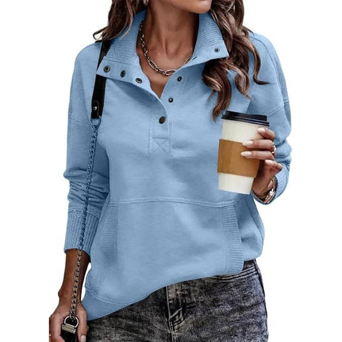 Women's Drawstring Stand Collar Pullover with Front Pockets and Long Sleeves