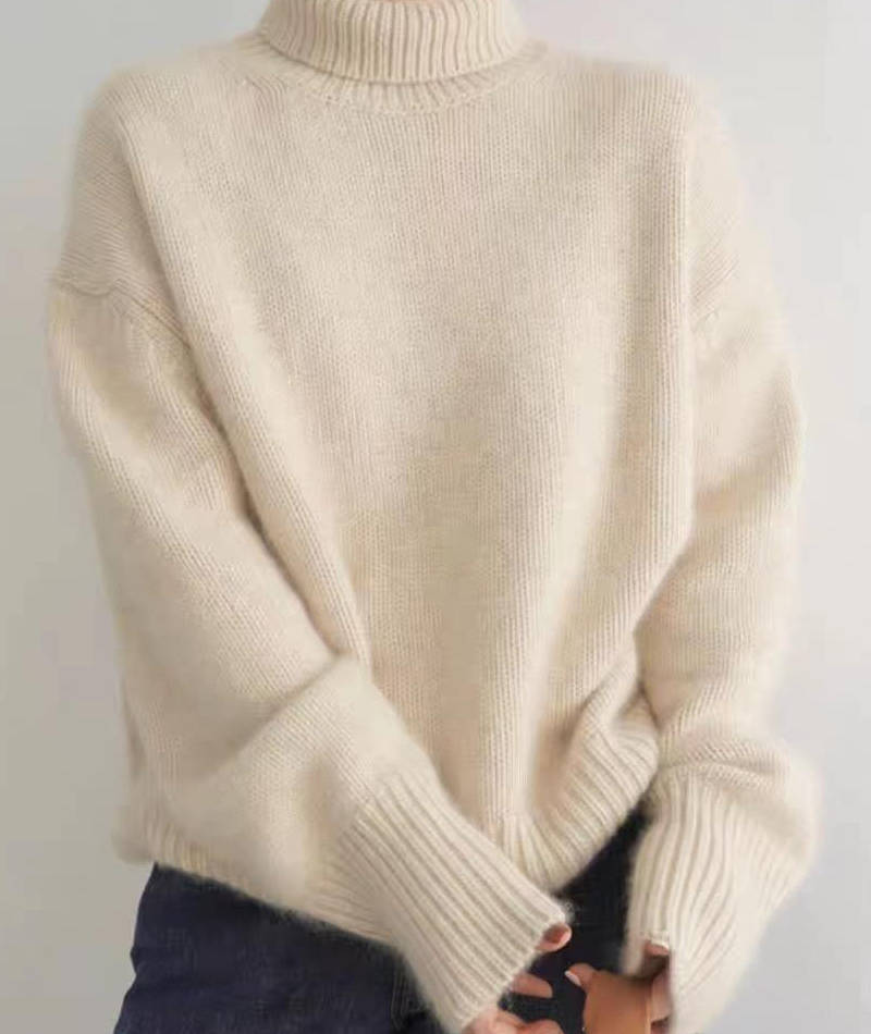 Turtleneck Sweater with Stretch Knit and Full Length Sleeves, Loose Fit