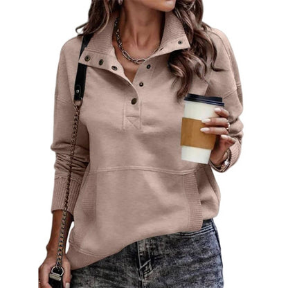 Women's Drawstring Stand Collar Pullover with Front Pockets and Long Sleeves