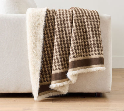 Houndstooth Throw Blanket with Faux Fur Back, 50x60 Inches