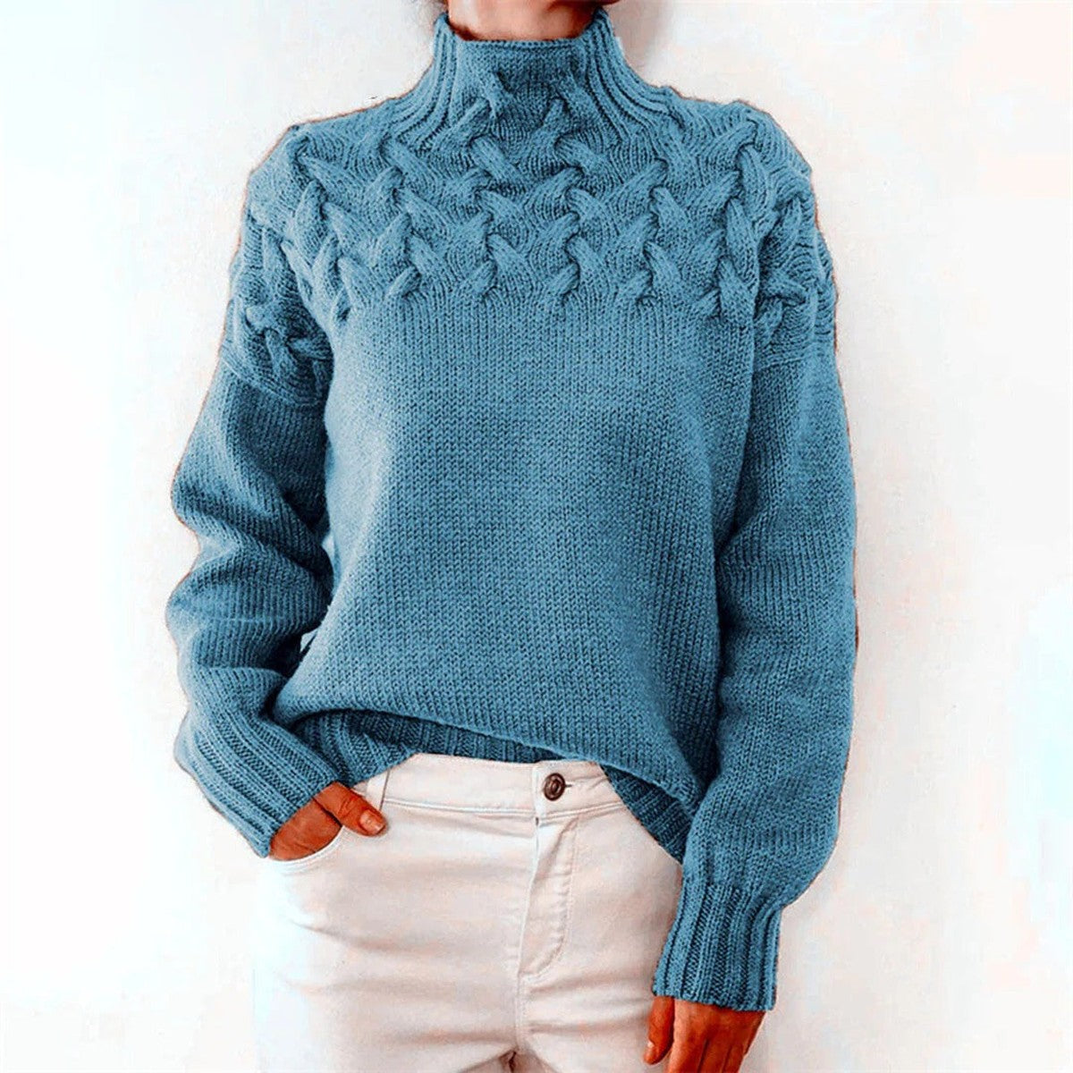 Turtleneck Sweater with Long Sleeves and Hip-Length Cut