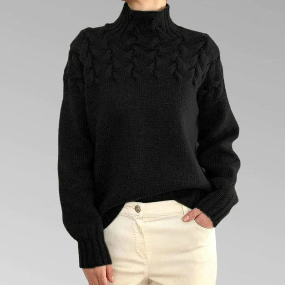Turtleneck Sweater with Long Sleeves and Hip-Length Cut