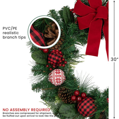 Red Bow Christmas Wreath with Plaid and Snowflake Ornaments 30 Inch Unlit