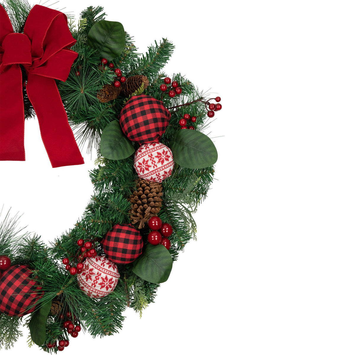 Red Bow Christmas Wreath with Plaid and Snowflake Ornaments 30 Inch Unlit