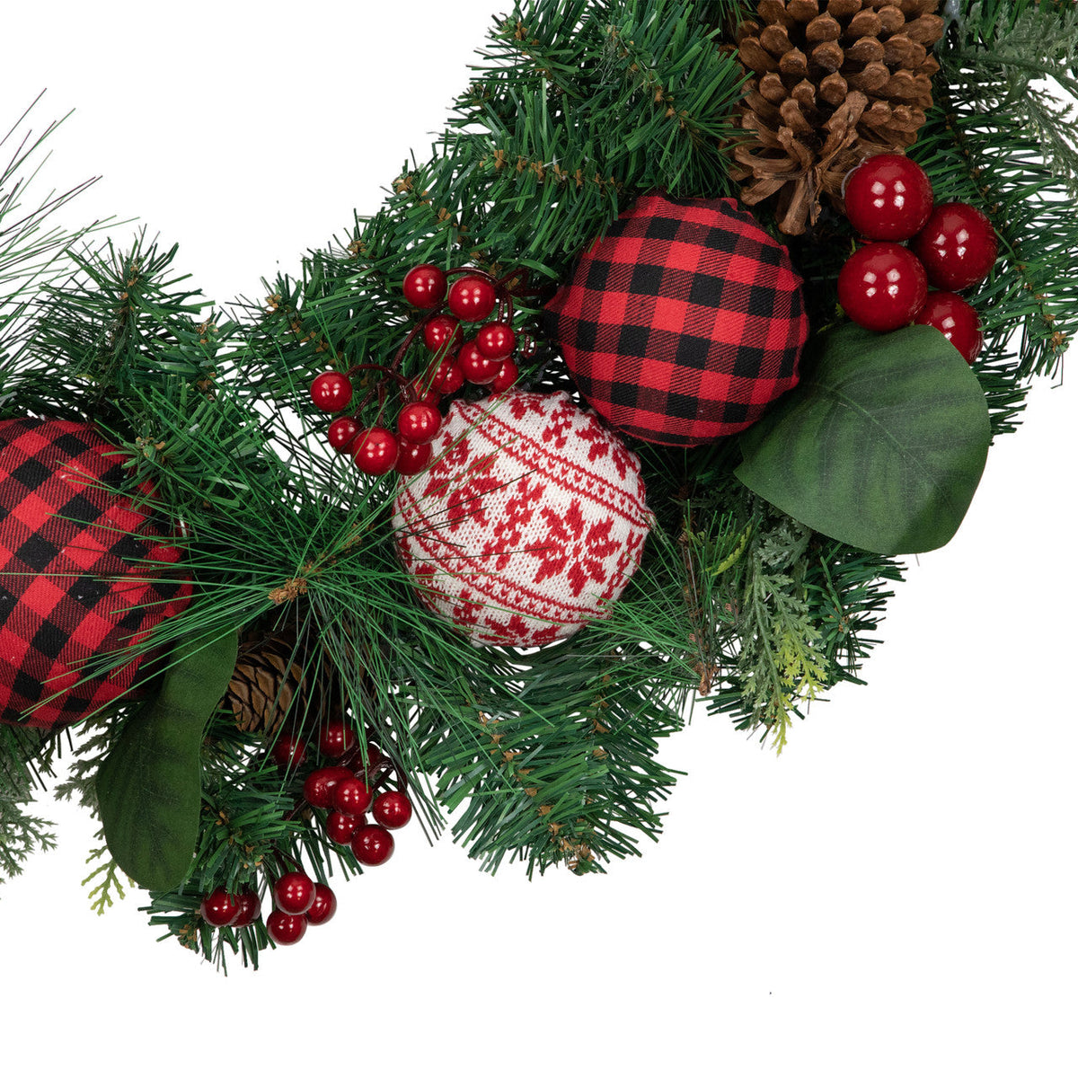 Red Bow Christmas Wreath with Plaid and Snowflake Ornaments 30 Inch Unlit