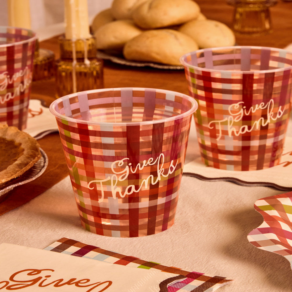 Burgundy Plaid Paper Cups with Give Thanks Script, 16 Count