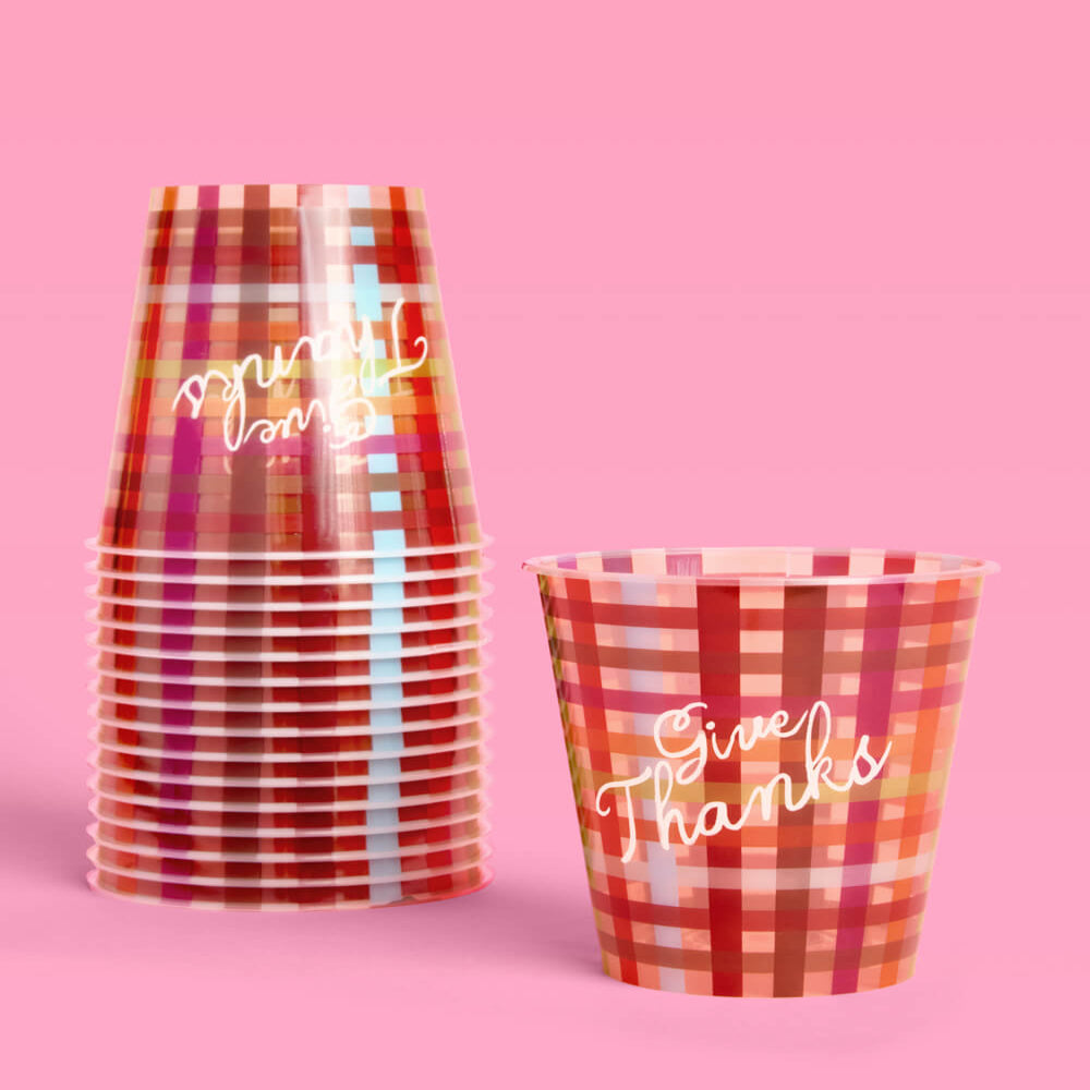 Burgundy Plaid Paper Cups with Give Thanks Script, 16 Count