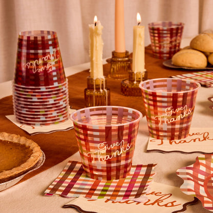Burgundy Plaid Paper Cups with Give Thanks Script, 16 Count