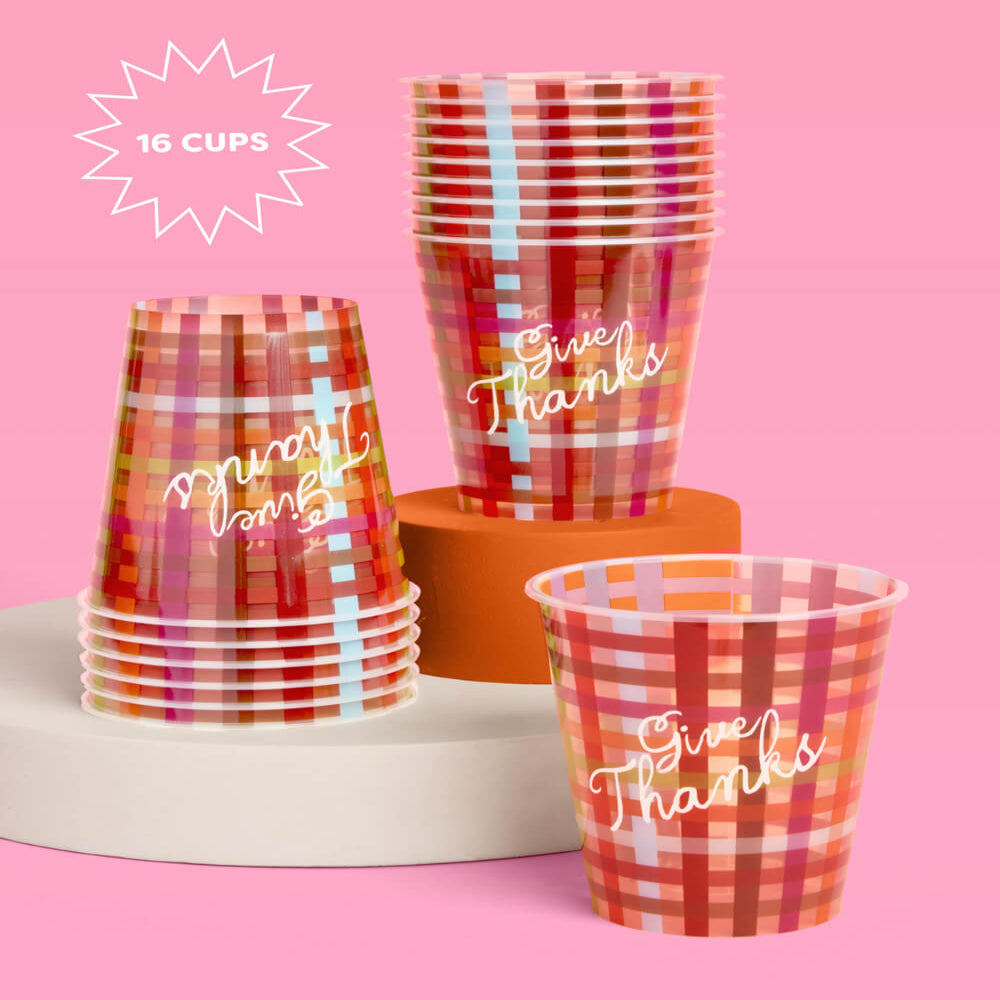 Burgundy Plaid Paper Cups with Give Thanks Script, 16 Count