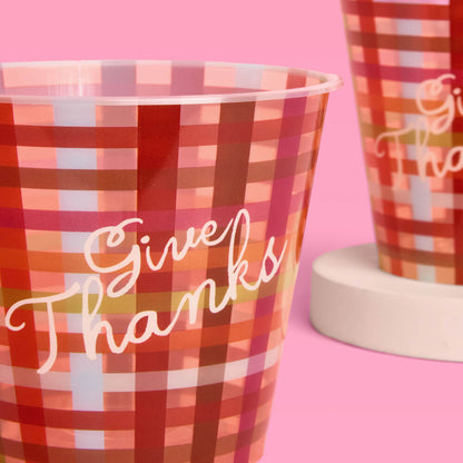 Burgundy Plaid Paper Cups with Give Thanks Script, 16 Count