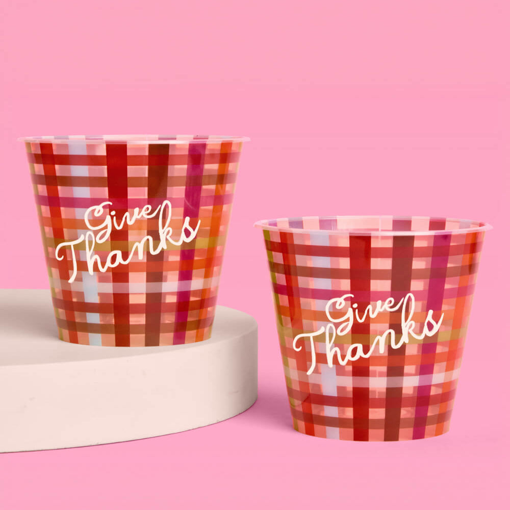 Burgundy Plaid Paper Cups with Give Thanks Script, 16 Count