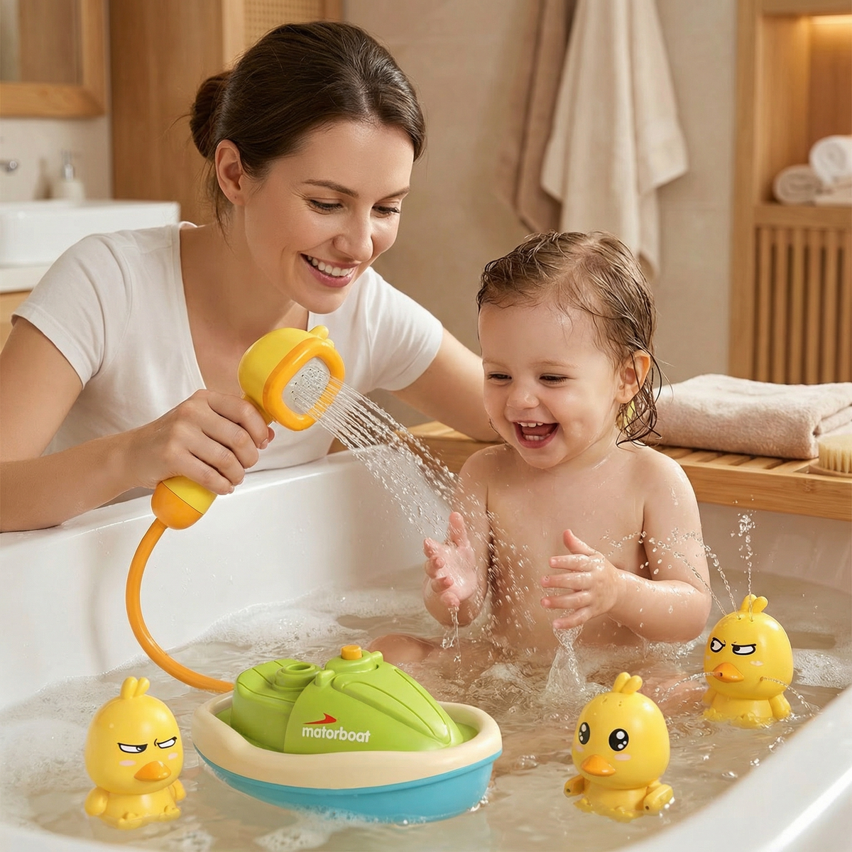 Duck Fountain Bath Toy with Motorized Boat and Squirting Ducks